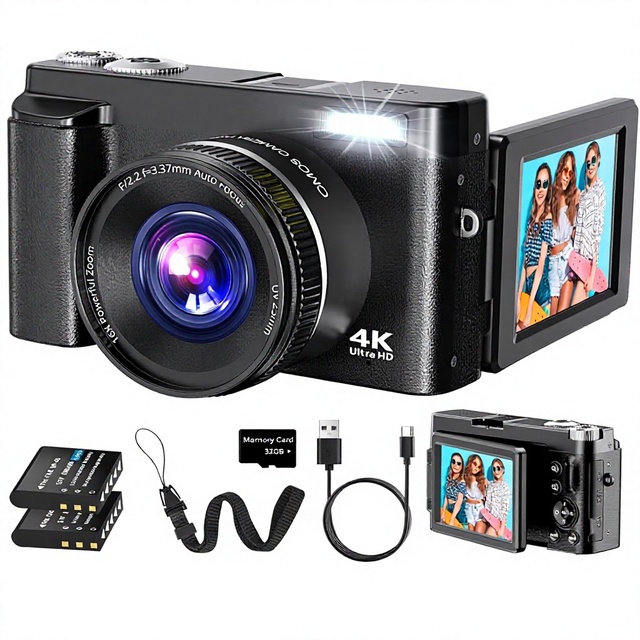Duluvulu 4K 48MP Autofocus Vlogging Camera 3" 180Flip Screen 16X Zoom CMOS Sensor Electronic Image Stabilization SD Camera