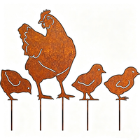 Piquets de jardin vintage rouillés et plats, poulets en métal rouillé durables pour la décoration extérieure printanière
