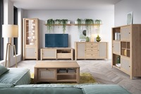Vente en gros Table basse en bois au design élégant et élégant avec tiroir en rotin et étagère ouverte