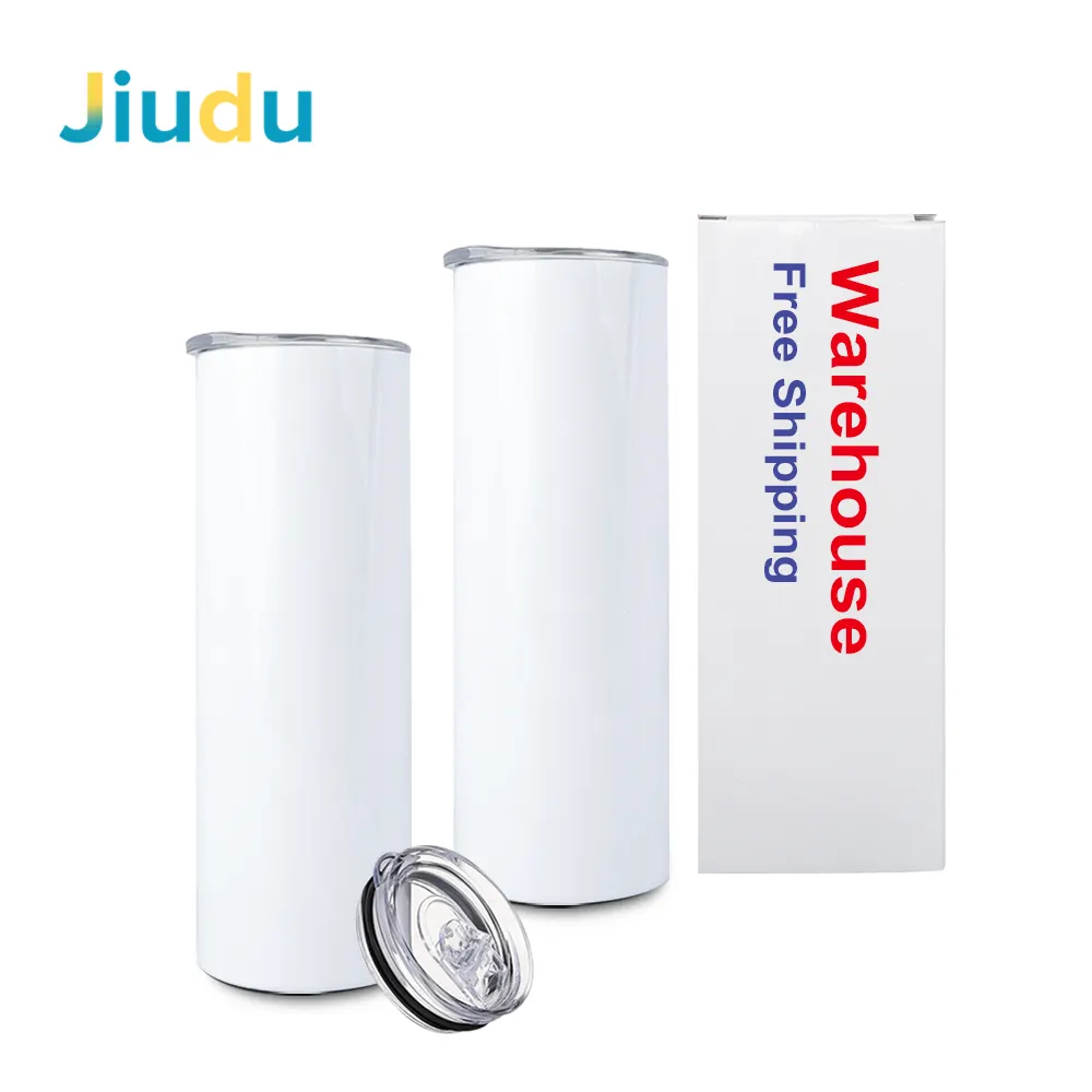 USA US Warehouse Stock White 20oz Straight Skinny Sublimation Blanks Stainless Steel Tumblers Cups with Straw and Rubber Bottom