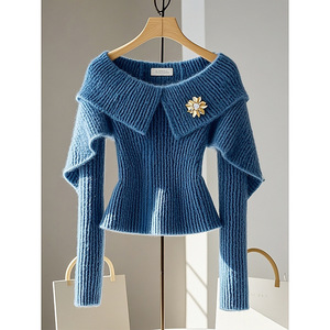 Maglione Blu di Alta Qualità e Super Elegante per Donna, Capo Esterno Autunnale, Top Lavorato a <span class=keywords><strong>Maglia</strong></span> <span class=keywords><strong>Monospalla</strong></span> Chic e Raffinato - Product Image 4