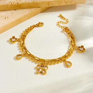 Gold Plated Stainless Steel Double Chain Bracelet With Butterfly Pendant Teardrop Crystal Charm Stackable Fashion Jewelry Gift - Product Image 2