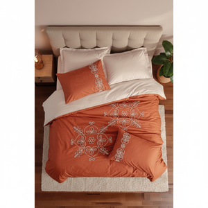 Ensemble de literie 4 pièces en coton brodé motif floral, 100% coton Ranforce, double taille, Tiva Beige, lavable en machine, pour usage domestique - Product Image 3