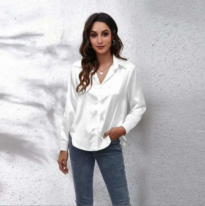 Hotsale Solid Satin Crop Tops Casual Turn Down Collar Satin Shirts Long Sleeve Bow Tie Loose Silk Blouse Women Office Blouses