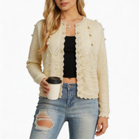 Cardigan court en tricot à col rond avec bord festonné et pompons, en dentelle, pour femme, directement de l'usine