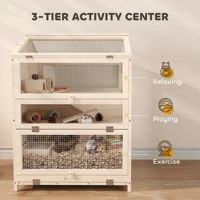 Jaula de madera para hámster, casa para animales pequeños con plataforma de malla de alambre, bandeja extraíble, techo inclinado, multinivel, para mascotas de interior