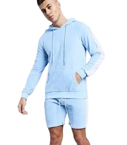 ชุดออกกำลังกายของผู้ชาย,ชุดวอร์มแนวลำลองสีน้ำเงินมีฮู้ดและกางเกงขาสั้นฤดูร้อน - Product Image 1