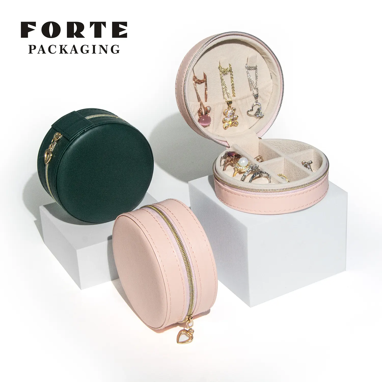 Forte all'ingrosso organizzatori di gioielli di lusso High-end materiale in pelle Pu Logo personalizzato scatola rotonda cornice per gioielli