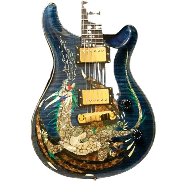 Zeldzame 1999 Paul Reed Dragon Transblauwe Vlam Esdoorn Top Elektrische Gitaar Geen Inlay Toets Dubbel Slot Tremolo Hout Body Binding