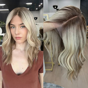 Perruques courtes ondulées avec racines brunes et mèches blondes # Perruques courtes sans colle 613 Full Lace et perruques Lace Front 13x4 - Product Image 2