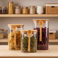 Bocaux carrés modernes en verre soufflé à la main, hermétiques, avec couvercle en bambou et cuillère, capacité de 900 ml, pour la fête, la maison, le garde-manger, l'organisation du stockage