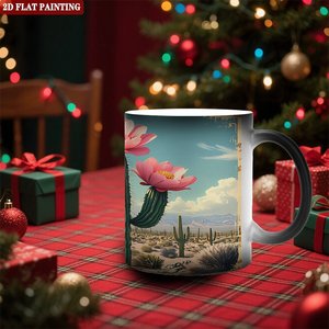 Tasse à changement de couleur sensible à la chaleur 11oz en céramique noire givrée vierge avec motif Cactus Désert - Product Image 2