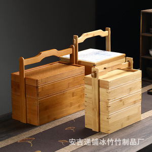 Estuche de transporte de bambú, caja de almacenamiento de tres capas con asa para juego de té, uso en exteriores, forma rectangular, tejido de bambú - Product Image 3