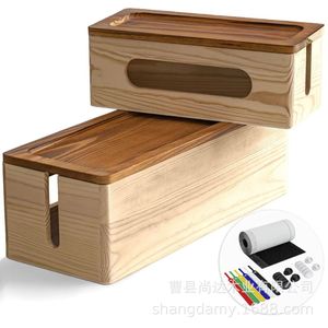 Caja de almacenamiento cuadrada de madera para regletas y cables domésticos con tapa, caja para cables de datos, caja organizadora de cables de madera maciza - Product Image 1