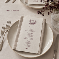 Menus de mariage personnalisés faits à la main en papier, bord festonné rustique avec un design floral minimaliste
