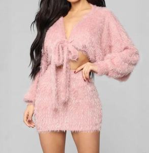 Nuevo Conjunto de Dos Piezas de Felpa para Mujer de Invierno, Top Corto <span class=keywords><strong>con</strong></span> Cordones de Manga <span class=keywords><strong>Larga</strong></span> y Minifalda, Estilo Elegante - Product Image 2