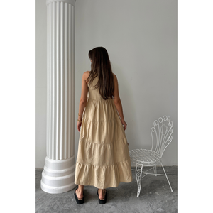 Vestido Largo sin Mangas de Lino Beige, Vestido Casual de Verano con Volantes, Talla S para Mujer - Product Image 1