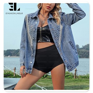 लार्सूर कस्टम फैक्ट्री महिलाओं ने रिवेट मेटल मुद्रित लंबी आस्तीन डेनिम जैकेट जींस जैकेट जैकेट जैकेट कोट महिलाओं को - Product Image 2