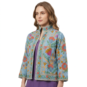Chaqueta Bomber de Algodón Tejido con Estampado Floral Vintage, Multitemporada, Cuello en V, Volantes, Bordado Suzani, Diseño Dibujado a Mano, Transpirable - Product Image 1