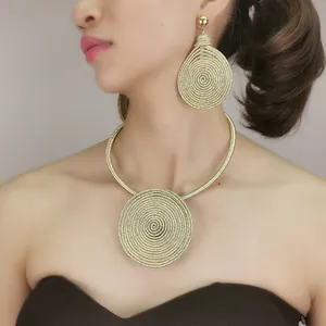 Best Selling Indian jewellery Sets Gold Plated Metal Spiral Round Necklace Statement Dubai Fancy Drop Earrings Choker Sets