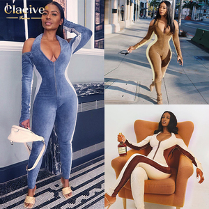 Clacive aceptado proveedores otoño cremallera mamelucos monos V cuello Halter Color sólido Fitness Bodycon mujer trajes Sexy - Product Image 2