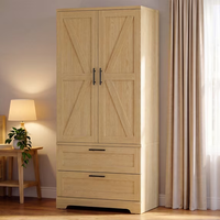 Armoire avec tiroirs, éclairage à détecteur de mouvement et crochets latéraux, armoire à vêtements en bois pour chambre à coucher
