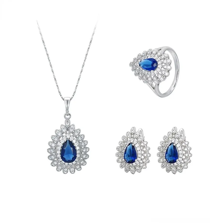 63882 xuping fashion jewelry rhodium color blue stone flower wedding gifts hot sale jewelry sets ring and earring