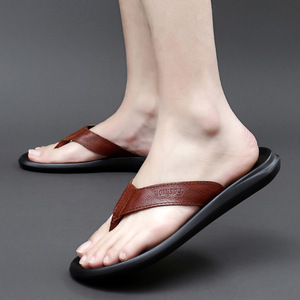 Tongs en cuir véritable marron avec semelle EVA antidérapante, tongs classiques d'été pour hommes - Product Image 6