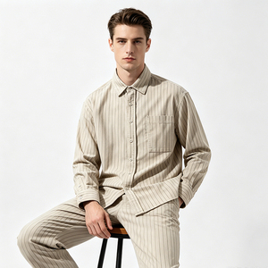 Chemise rayée vintage pour homme, beige gris, rayures verticales, manches longues, coton/lin, col pointu, poche simple, automne - Product Image 2