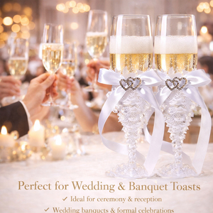 Juego de Copas de Champán <span class=keywords><strong>para</strong></span> Boda, Elegantes Copas con Tallo Estilo Cristal, Lazo de Satén Blanco y Acento de Doble Corazón, Copas <span class=keywords><strong>para</strong></span> Brindis de Novios - Product Image 4
