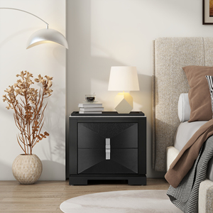 Mid Century Modern Nightstand 2 <b>Drawers</b> Wide Storage <b>Side</b> Table Diamond Pattern Wood Design Bedroom Furniture - Product Image 2