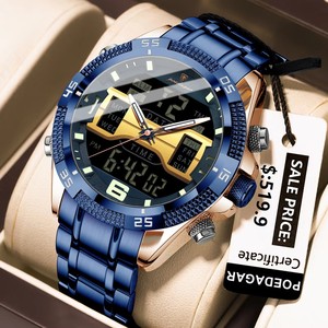 Reloj Digital Azul para Hombre POEDAGAR E103, Pantalla LED de Doble Hora, Multifunción, Resistente al Agua, Reloj de Cuarzo Electrónico de Acero Inoxidable para Hombre - Product Image 1
