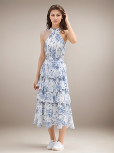 Abito lungo da donna con stampa floreale blu in Chiffon a strati con <span class=keywords><strong>abbigliamento</strong></span> Padel <span class=keywords><strong>naturale</strong></span> per la stagione autunnale - Product Image 2