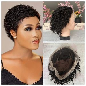 Wig renda penuh tanpa lem potongan Pixie 4 inci Wig rambut manusia asli Virgin 1B transparan renda Wig pendek medis keriting - Product Image 6