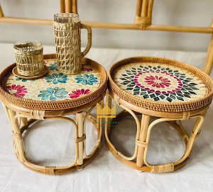 Table basse ronde en rotin avec incrustation de nacre de qualité supérieure, plateau en mosaïque, ensemble de table basse pour la décoration du salon, fabriqué au Vietnam - Product Image 2