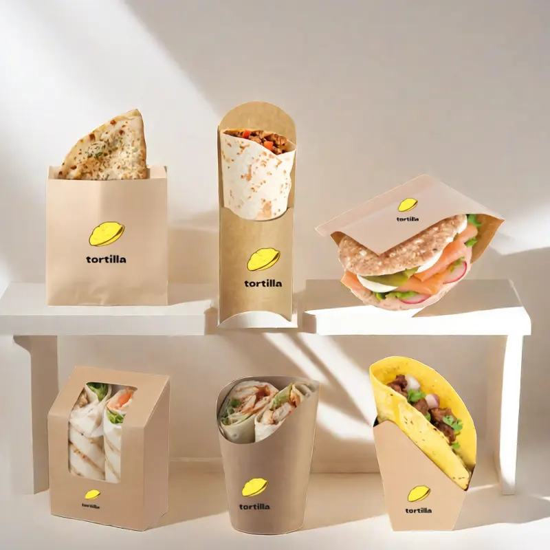 Sacchetti di Pita Design personalizzato per il confezionamento di sacchetti di carta Kraft Burrito borsa consegna Taco carta marrone mais Tortilla sacchetti floder