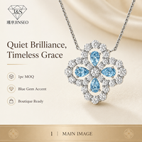 Collier Fleur Ajourée en Argent Sterling S925 avec Aquamarine et Accents de Zirconium Cubique, Plaqué Or Blanc Minimaliste pour Boutiques et Vente au Détail