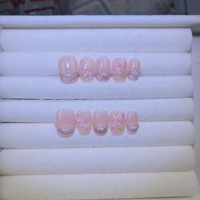 216Ice - Faux ongles à presser, style français, carrés, effet fleur en poudre transparente, amovibles, faits main, en gel UV