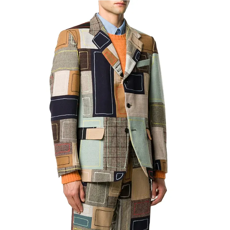 Özel moda uzun kollu tek göğüslü patchwork grafik tasarım yama işlemeli blazer ceket erkekler için