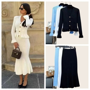 Pakaian Desainer Grosir Lengan Panjang Set 2 Potong Merek Fashion Rajutan Set Rok Ekor Ikan Dua Potong Wanita - Product Image 2