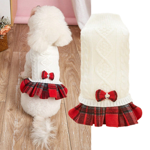 Grazioso Maglione in Acrilico per Cani con Gonna, Set Due Pezzi Effetto Maglia, Abito per Animali Domestici, Moda Invernale con Papillon, Grigio e Bianco - Product Image 2