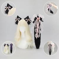 S0008 Ensemble de serre-tête et de queue en peluche faits à la main, oreilles de renard foncé, queue de renard, accessoire de cosplay avec nœud, accessoire d'oreille de loup Lolita pour cosplay