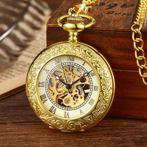 ManChDa Montre de Poche Classique Mécanique Équipement Main-Vent Steampunk Chiffres Romains Fob pour Hommes Femmes avec Chaîne + Boîte-Cadeau
