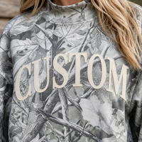 Sweat-shirt oversize camouflage de haute qualité pour femme avec broderie appliquée personnalisée, col montant, motif camouflage arbre réaliste