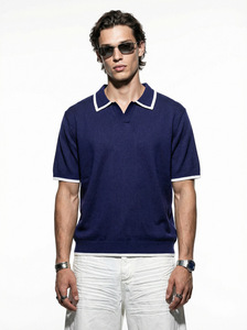 Nueva llegada: Camiseta de punto de manga corta con cuello polo y bloques de color para hombre, estilo americano, inspirada en la moda clásica. - Product Image 4