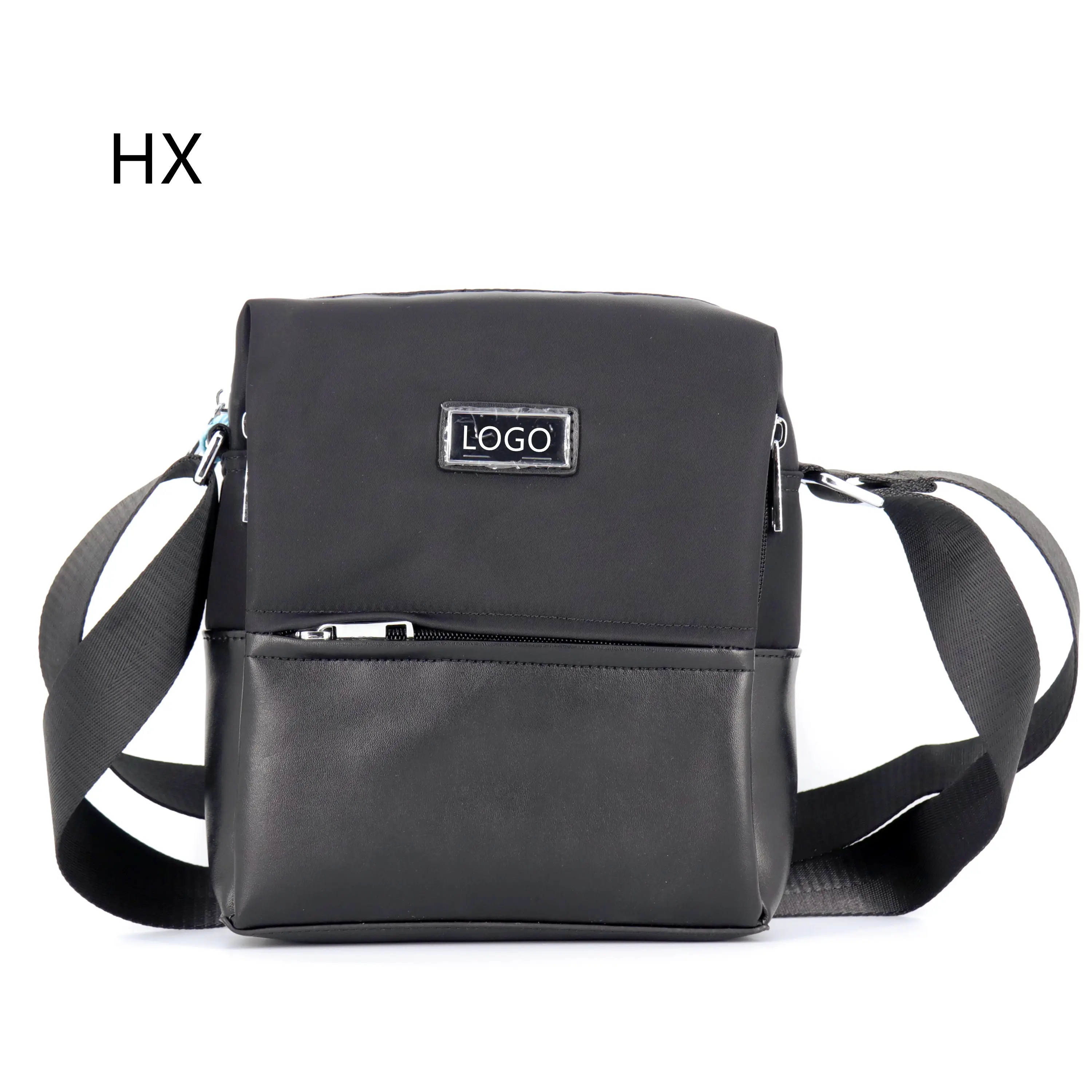 business office custom logo pu leather and oxford black men's crossbody shoulder side messenger bag for men