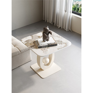 Tavolino da Salotto Moderno Minimalista di Lusso Leggero, Struttura in Legno Massello, Piano in Pietra Venata, Mobile Angolare per Arredamento Casa - Product Image 4