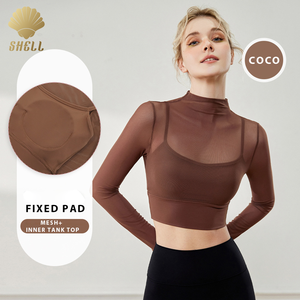 Yoga New See Through Fixed Pad Wide Hem Band Long Sleeved Crop Fitness Clothing Sports Outdoor Mesh <strong>Mock</strong> <strong>Neck</strong> Women's <strong>Top</strong> - Product Image 3