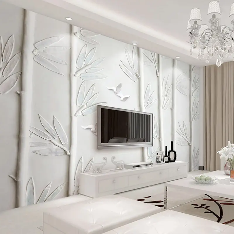 Custom Wallpaper 3D Stereoscopic Embossed Bamboo Flying Bird White Plaster Modern Art Mural Wall Painting Living Room Decoration