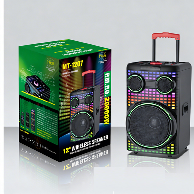 Outdoor Portable Trolley 12inch Speaker RGB LED Party Speaker with Two Wireless Microphones Karaoke Audio AUX TF FM USB TWS 1207
